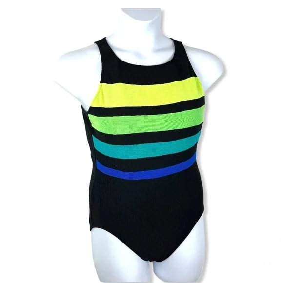 Color Block Stripe Textured One Piece High Neck Keyhole Back Swimsuit - Vintage - Picture 4 of 13